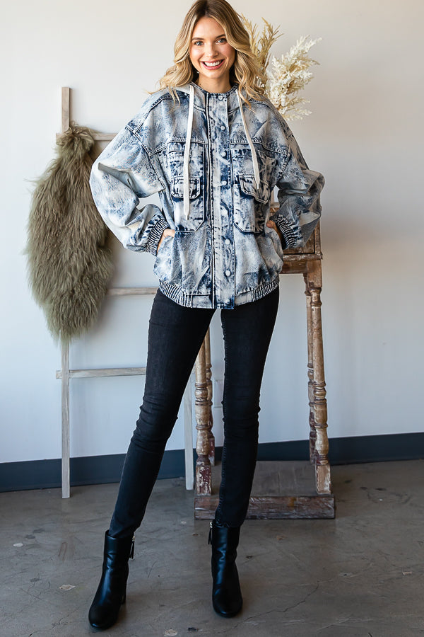 ACID WASHED HOODED DENIM ULITITY JACKET