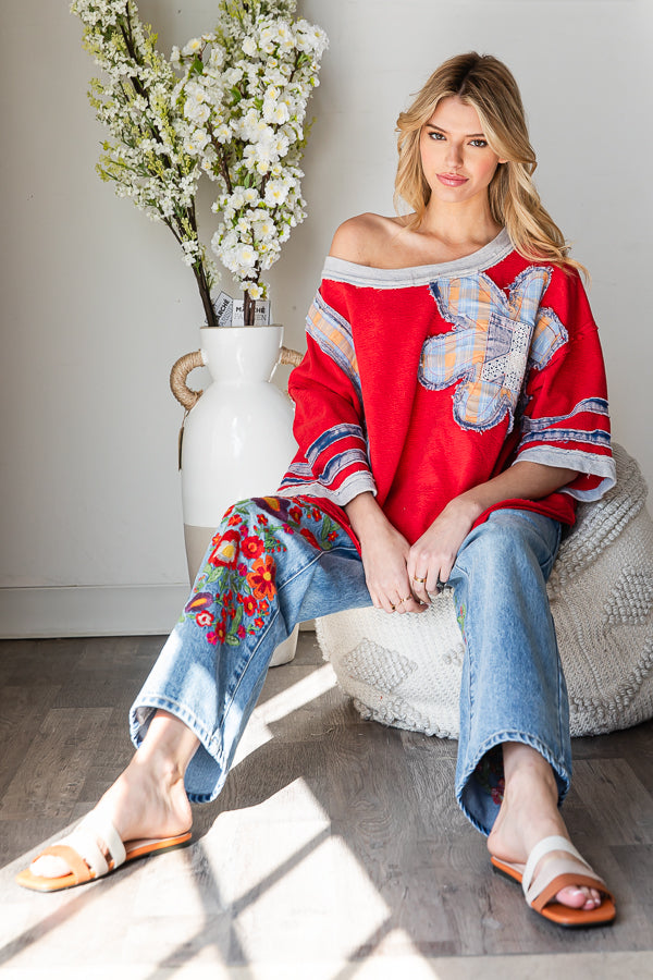 WASHED FLOWER PATCHWORK KNIT TOP