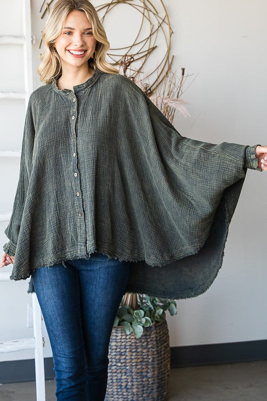 WASHED BUTTON DOWN BATWING SLEEVE OVERSIZED BLOUSE