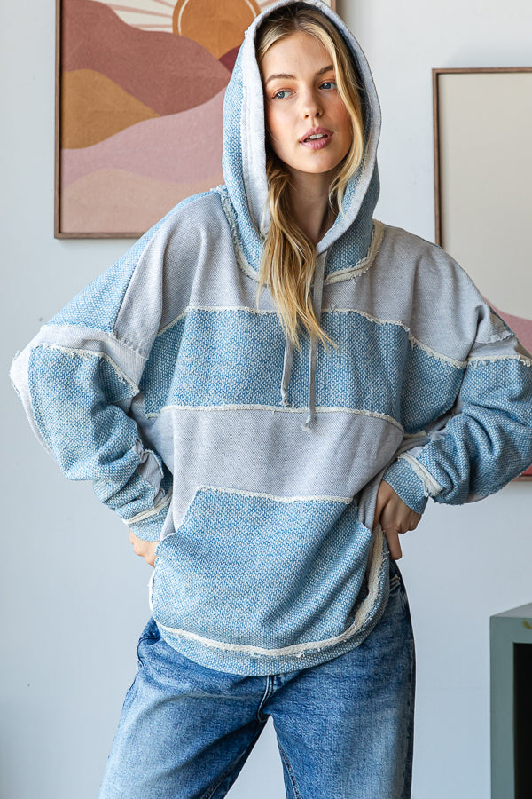 CONTRAST PATCHWORK DRAWSTRING HOODED TOP