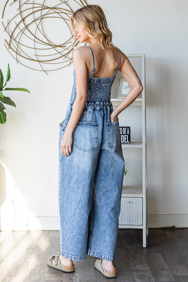 WASHED STRETCH DENIM OVERALLS