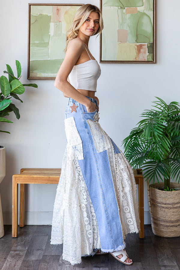 LACE INSERT DETAIL RUFFLE FLARE WIDE LEG PANTS