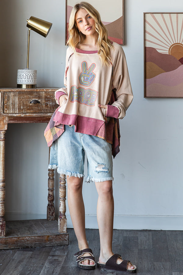 WASHED PEACE PATCHWORK PULLOVER TOP