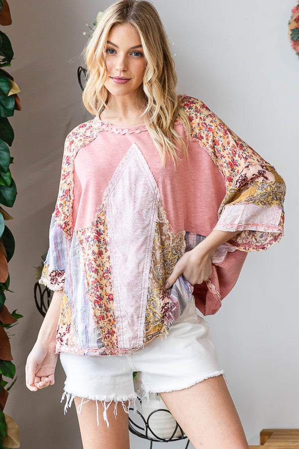 WASHED PRINT PATCHWORK SHORT SLEEVE TOP