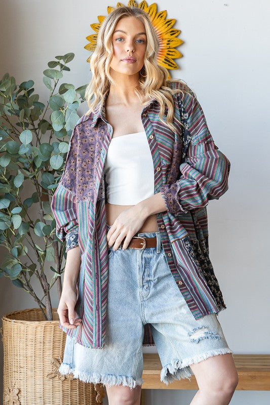 WASHED MIX MEDIA STRIPED BUTTON DOWN SHIRT