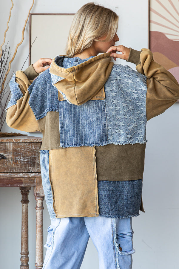 WASHED PATCHWORK DENIM HOODED PULLOVER TOP
