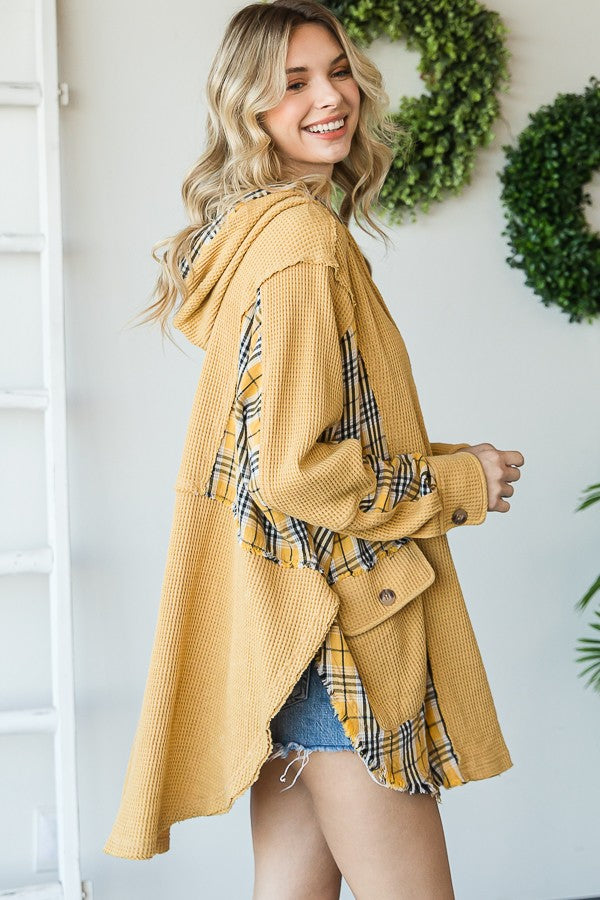 WASHED FLANNEL CONTRAST HOODED WAFFLE PULLOVER TOP