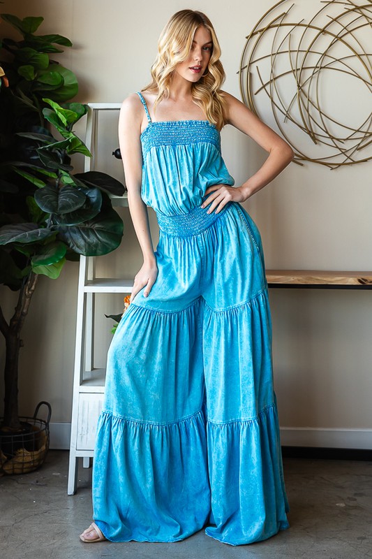 WASHED TIERED SMOCKED WAIST WIDE LEG JUMPSUIT