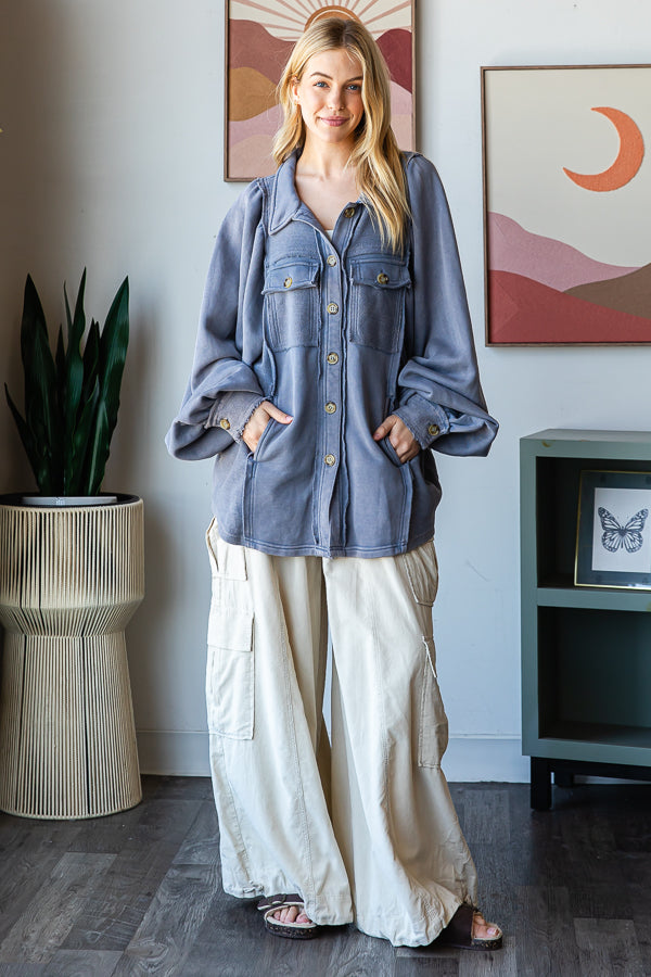 WASHED BALLOON SLEEVE BUTTON FRONT SHIRT JACKET