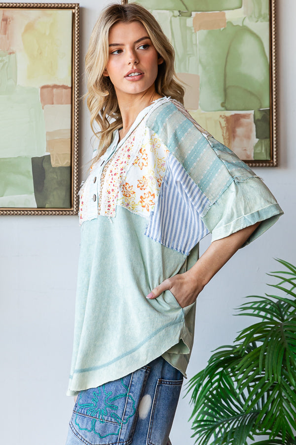 WASHED PRINTED HALF PLACKET HENLEY NECK SHIRT