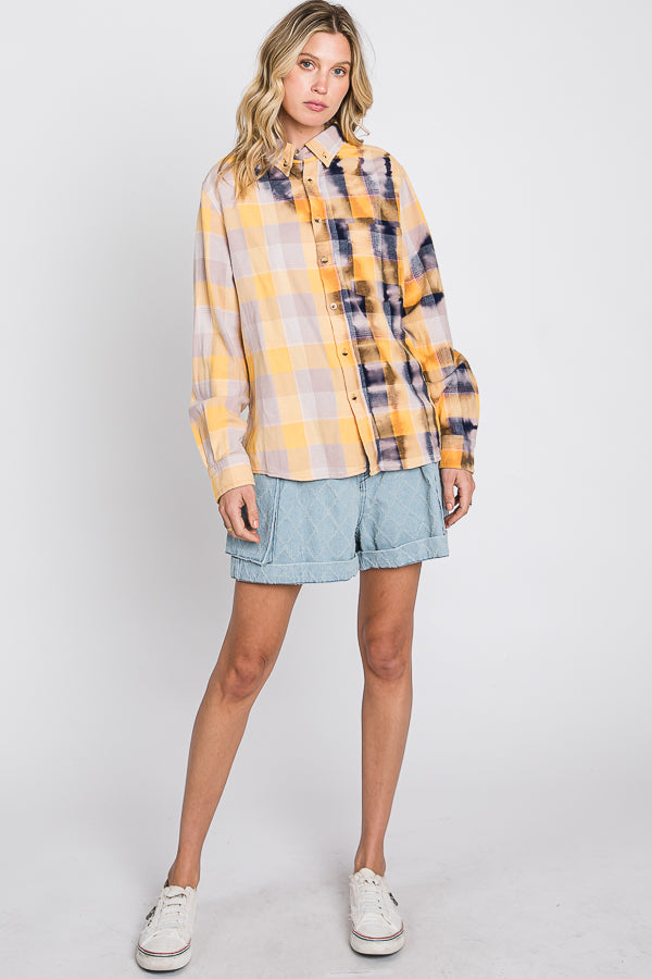 BLEACHED MULTI COLOR PLAID BUTTON DOWN SHIRT