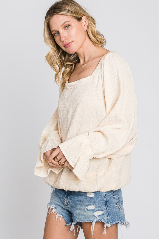 WASHED FLARE CUFFS OPEN BACK DETAIL GAUZE BLOUSE