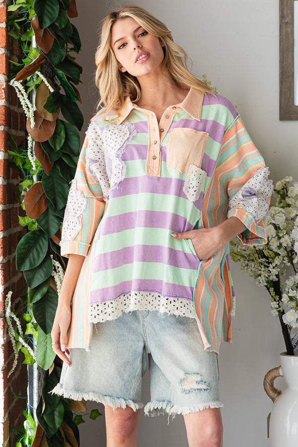FLOWER PATCHWORK MULTICOLOR STRIPED TOP