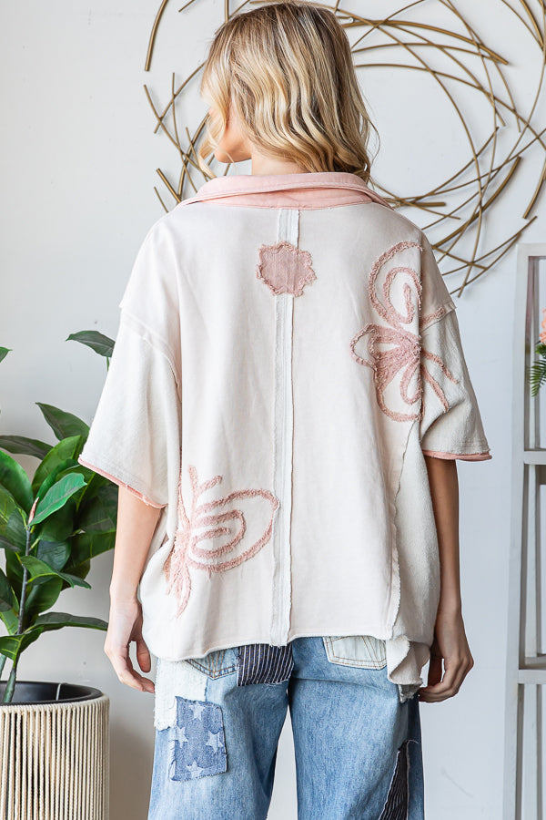 WASHED BUTTERFLY PATCHWORK HENLEY NECK KNIT TOP