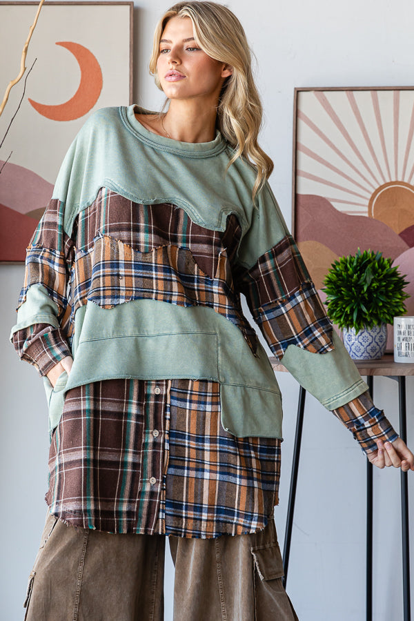 WASHED PLAID PATCHWORK TUNIC LONG SLEEVE TOP