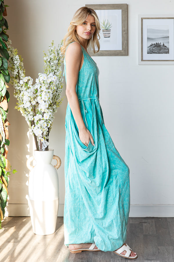 WASHED WIDE LEG DRAWSTRING DETAIL JUMPSUIT