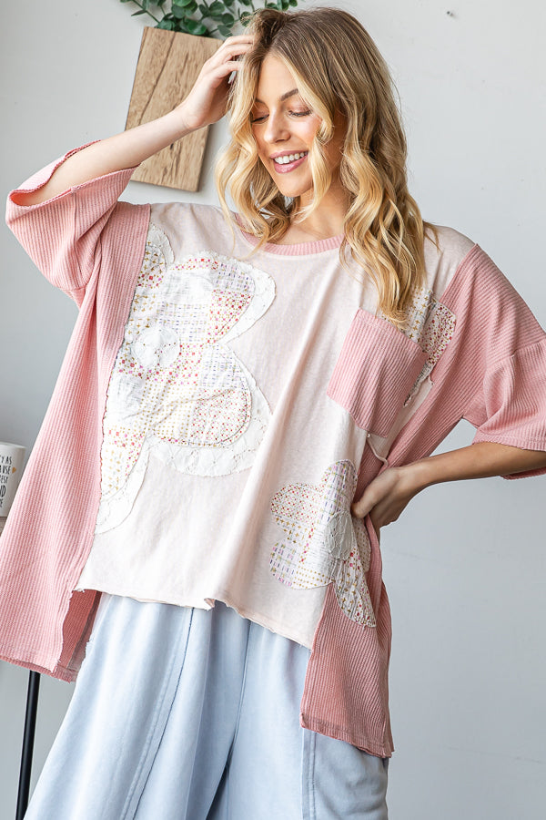 WASHED FLOWER PATCHWORK SHORT SLEEVE TOP