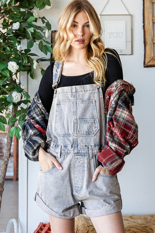 MINERAL WASHED FRONT POCKET DETAIL SHORTALLS