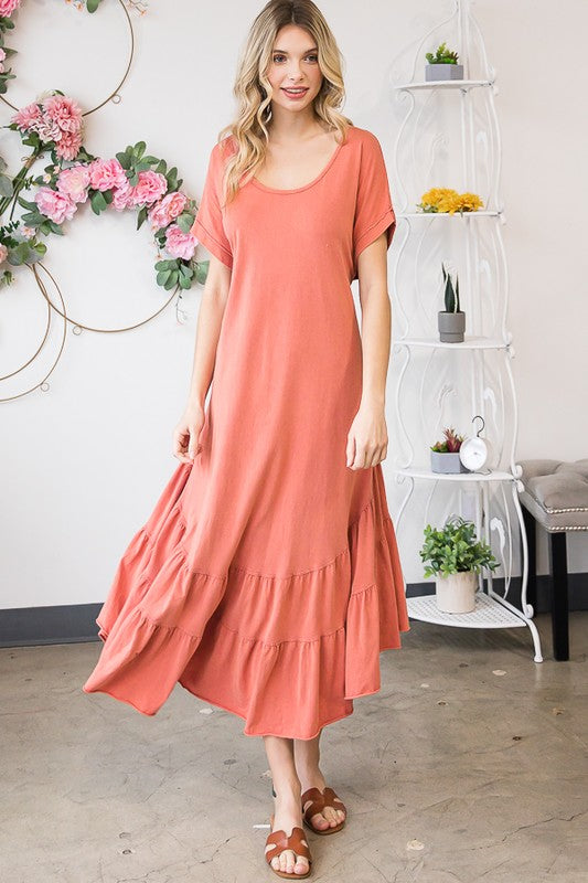 WASHED RUFFLE TIERED HEM SHORT SLEEVE MIDI DRESS