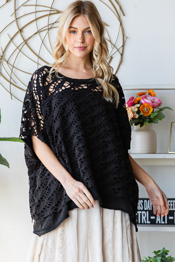 WASHED CROCHET LAYERED KNIT TOP