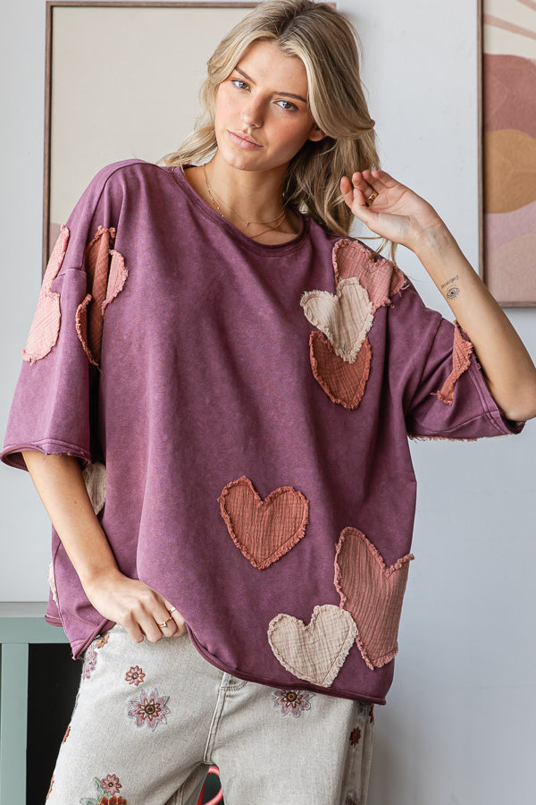 HEART PATCHWORK MINERAL WASHED SHORT SLEEVE TEE