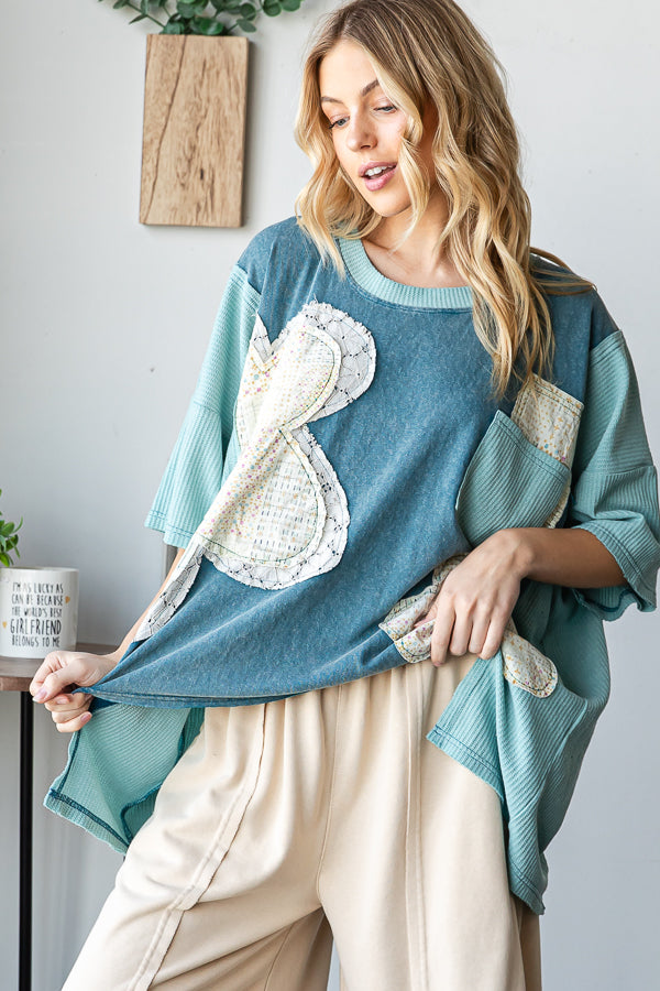 WASHED FLOWER PATCHWORK SHORT SLEEVE TOP