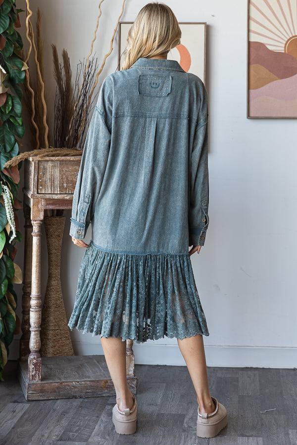 WASHED FLARE RUFFLE LACE HEM MIDI SHIRT DRESS