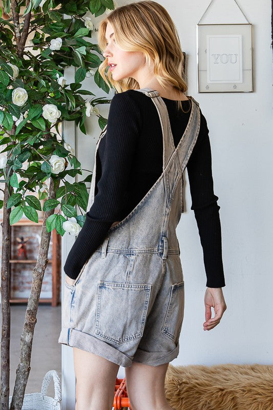 MINERAL WASHED FRONT POCKET DETAIL SHORTALLS