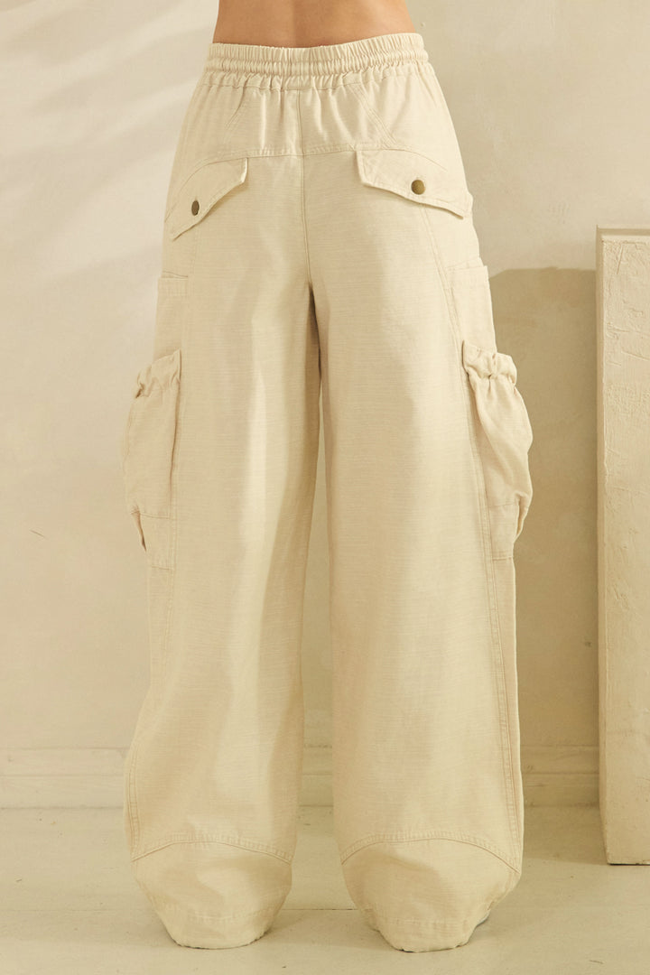 WASHED ELASTIC WAIST STRING POINT BIG POCKET PANTS