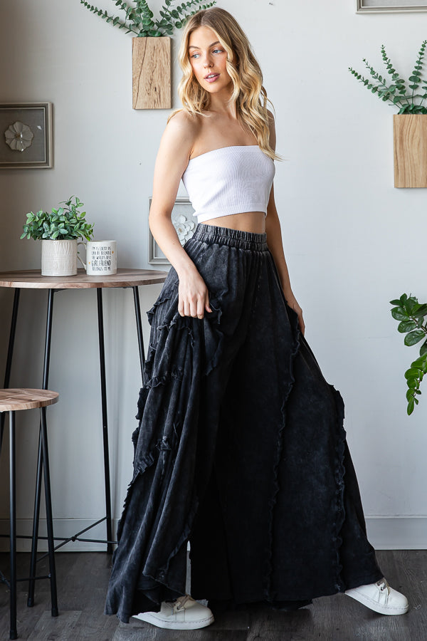 RUFFLE DETAIL WIDE LEG FLARE PANTS