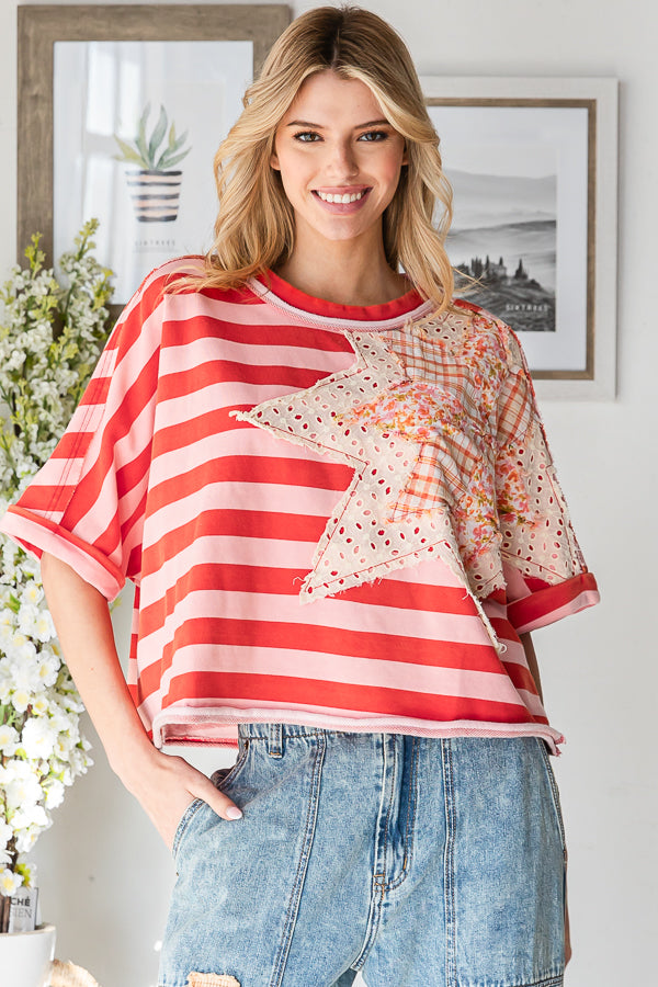 STAR PATCHWORK STRIPED SHORT SLEEVE TOP