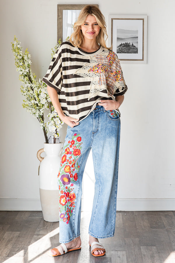 STAR PATCHWORK STRIPED SHORT SLEEVE TOP