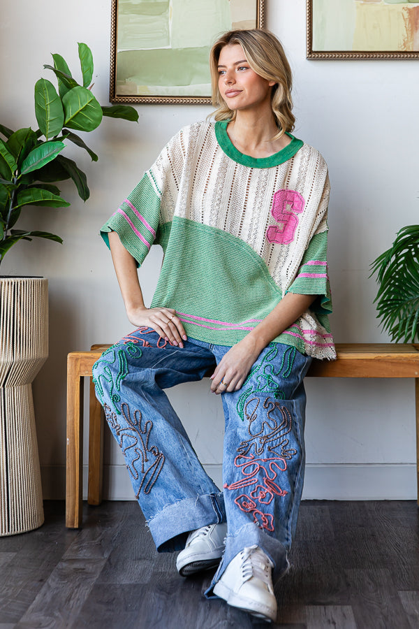 WASHED COLORBLOCK SWEATER KNIT DROP SHOULDER TOP