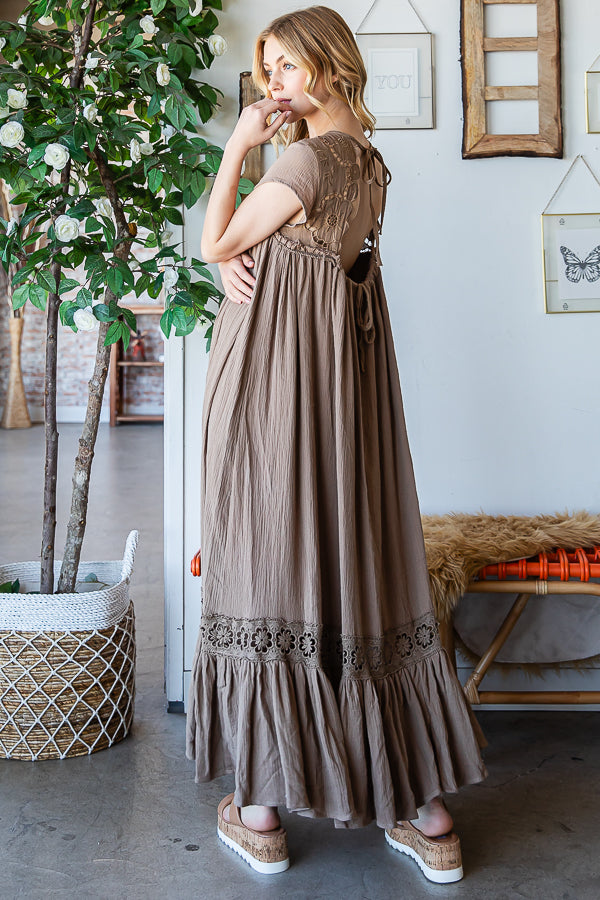 CROCHET YOKE RUFFLE FLARE HEM GAUZE MAXI DRESS