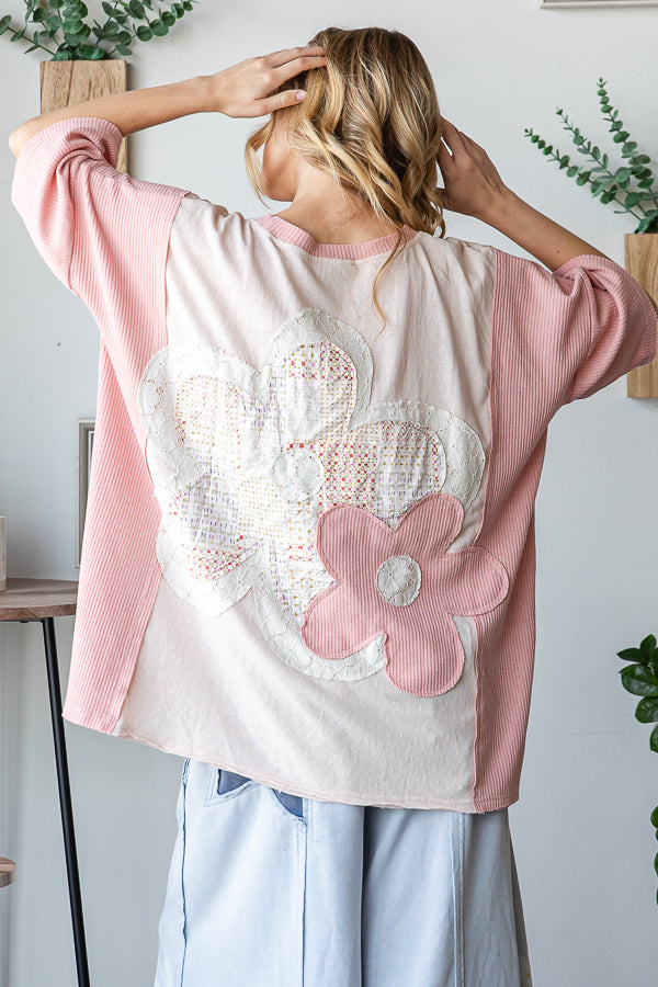 WASHED FLOWER PATCHWORK SHORT SLEEVE TOP