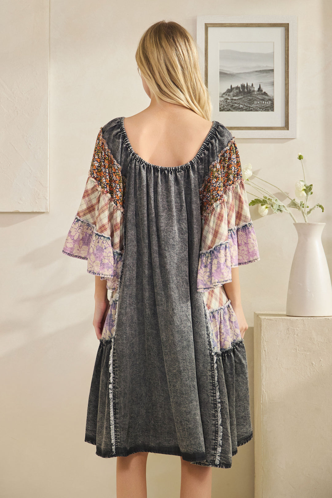 WASHED MIX PRINTED TIERED RUFFLE TUNIC TOP