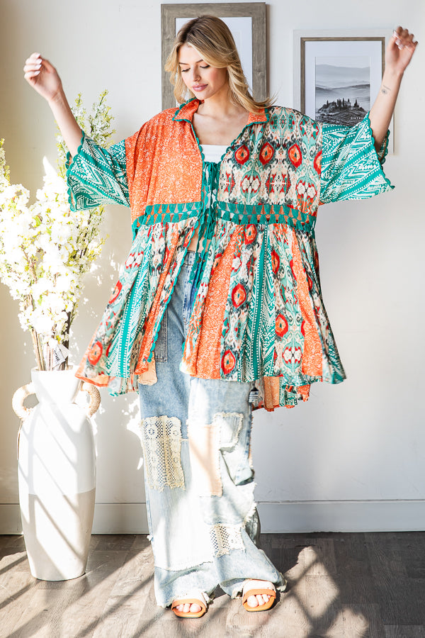 PRINTED MIX KIMONO MINI DRESS