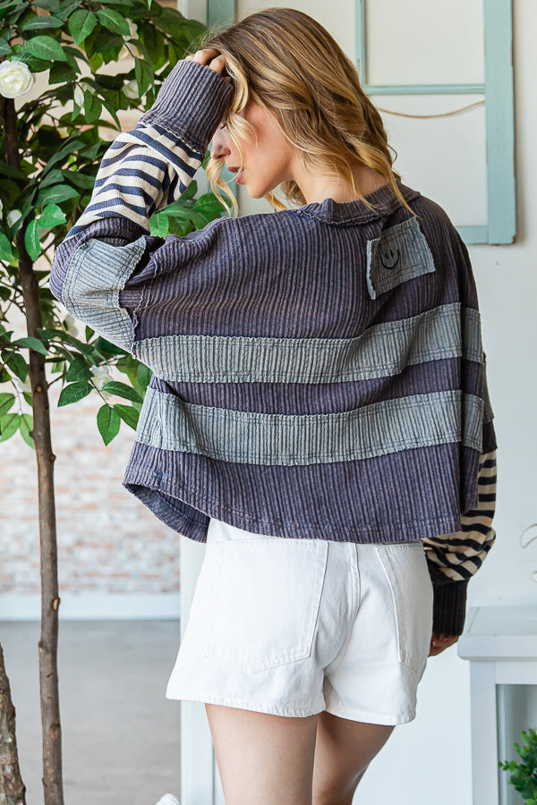 MIX MEDIA STRIPED DETAIL LONG SLEEVE PULLOVER