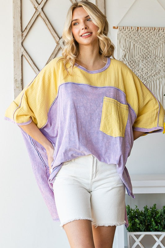 WASHED COLORBLOCK FRONT POCKET OVERSIZED BOX TEE
