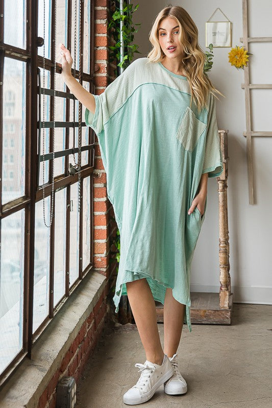 MINERAL WASHED CONTRAST YOKE OVERSIZED TUNIC DRESS