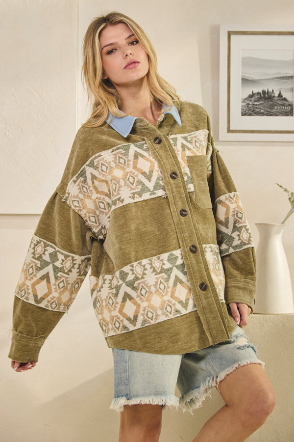 WASHED AZTEC PRINTED MIXED BUTTON DOWN SHACKET
