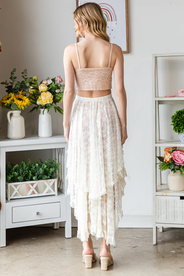 LAYERED IRREGULAR LACE FLARE MIDI SKIRT