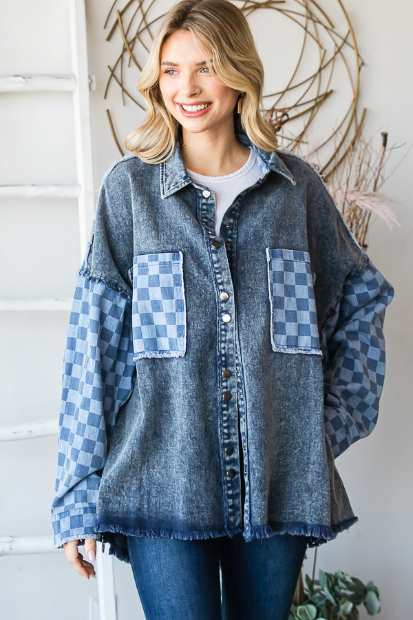 MINERAL WASHED CHECKERED SLEEVE DENIM SHACKET