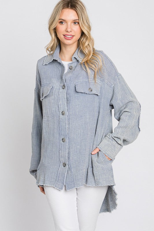 WASHED DOUBLE GAUZE BUTTON FRONT OVERSIZED SHACKET