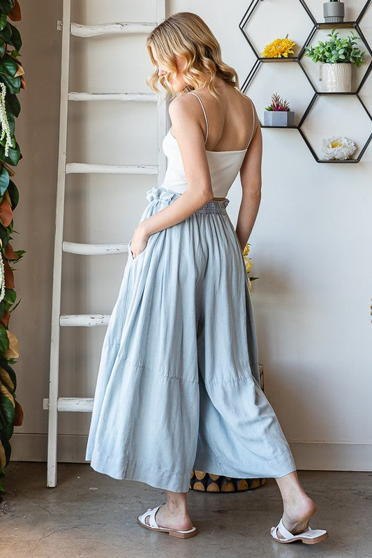 WASHED PLEATED TIE WAIST CROPPED WIDE LEG PANTS