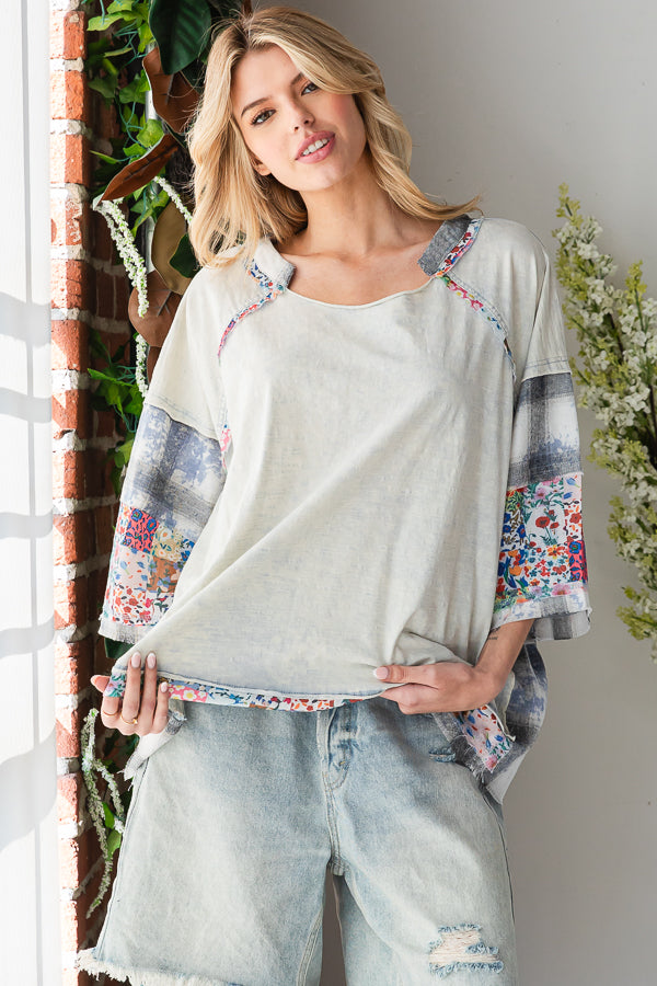 WASHED MULTI PRINT PATCHWORK OVERSIZED TOP