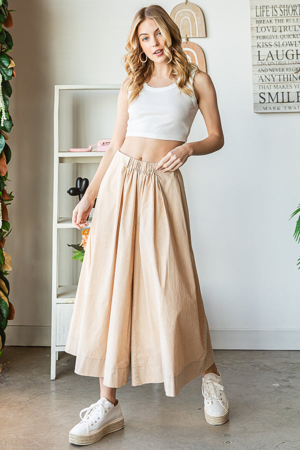 WASHED PLEATED DETAIL WIDE LEG CROPPED PANTS