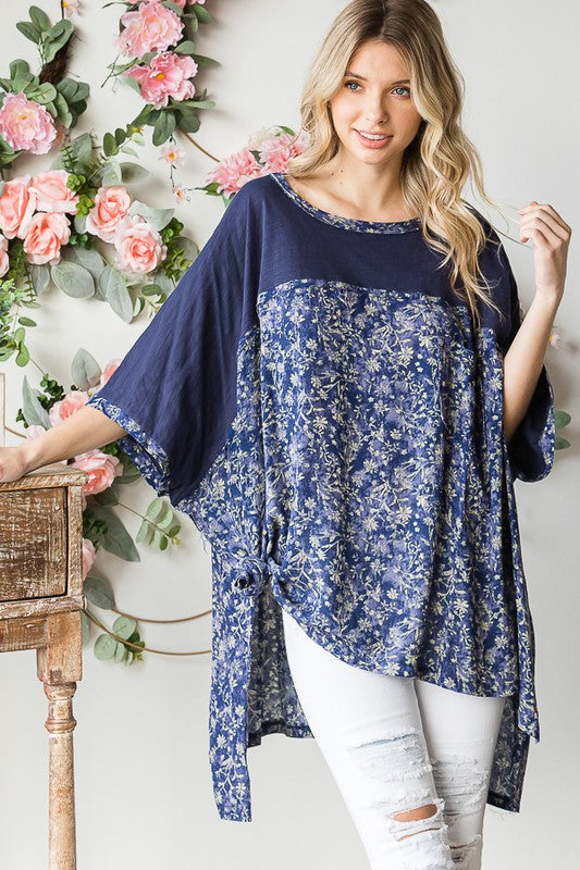 CONTRAST YOKE PRINTED SHORT SLEEVE OVERSIZED TOP