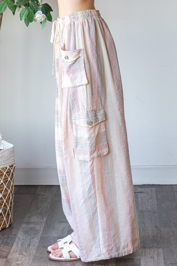 WASHED 3D POCKET NARROW STRIPE WIDE LEG PANTS