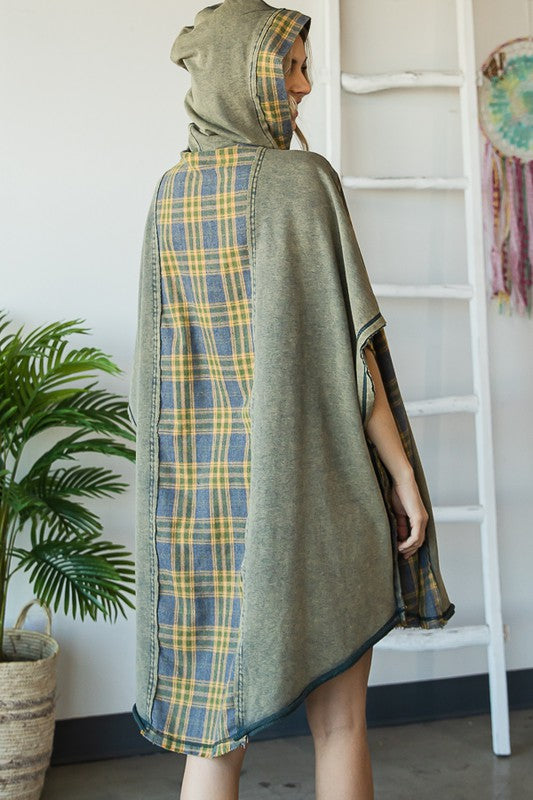 WASHED MIX MEDIA PLAID DETAIL OVERSIZED TUNIC TOP